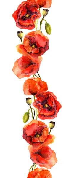 Бесшовный ретро цветочный узор - вертикальная полоса рамка с винтажными красными цветами мака. Рисунок акварелью — стоковое фото