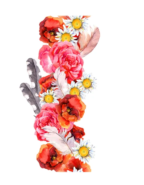 Floral άνευ ραφής ακουαρέλα κορνίζας με φωτεινά λουλούδια και φτερά — Φωτογραφία Αρχείου