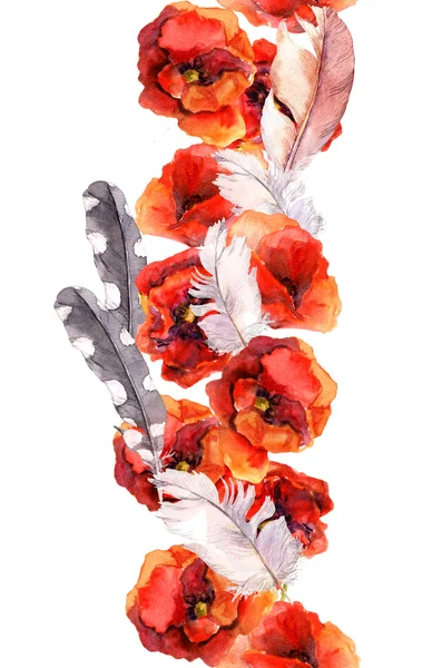 Floral seamless watercolor frame border with vivid flowers poppy and feathers. Aquarel — Stock Photo, Image