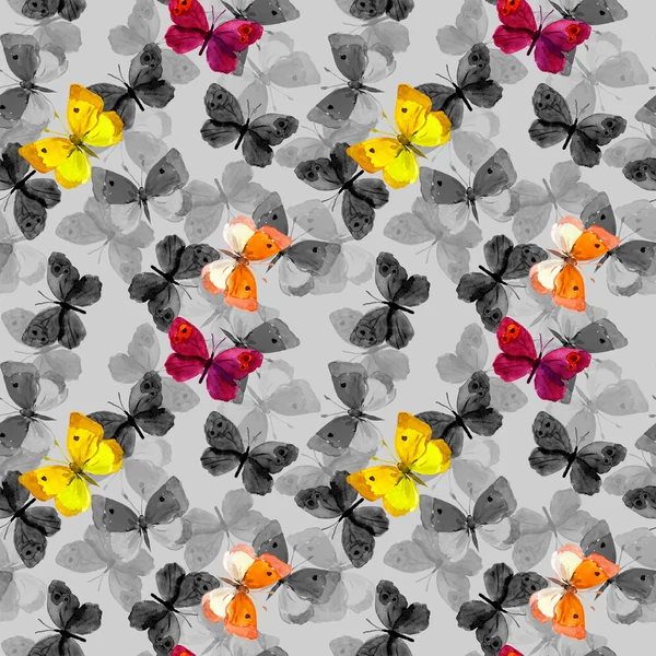 Naadloze voorjaar behang met kleurrijke aquarel hand geschilderd vlinders — Stockfoto