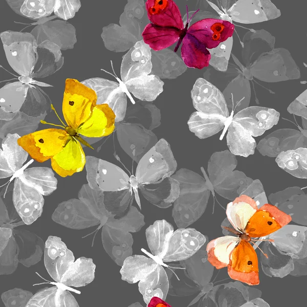 Seamless spring wallpaper with colorful watercolor hand painted butterflies — Stock Photo, Image