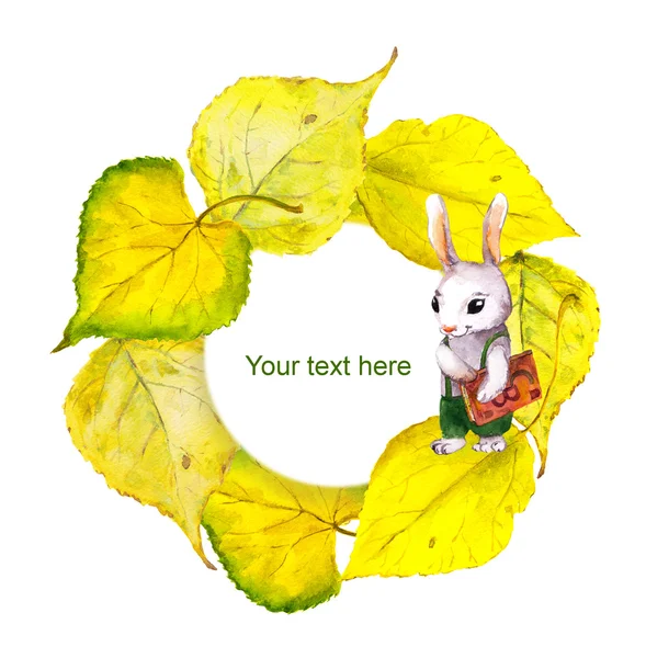 Autumn wreath frame with school rabbit and yellow leaves — Stock Photo, Image