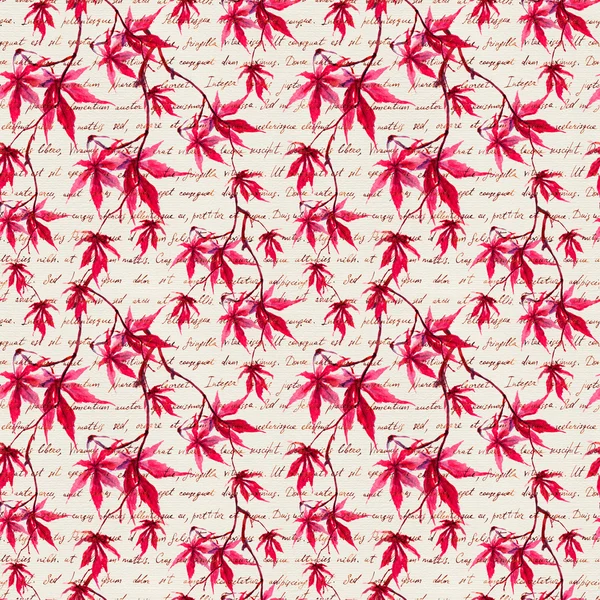 Red maple leaves with hand written text. Seamless pattern. Watercolor