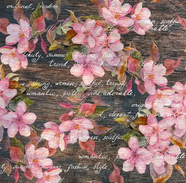 Vintage floral pattern - pink flowers, wood texture, handwritten text. — Stock Photo, Image