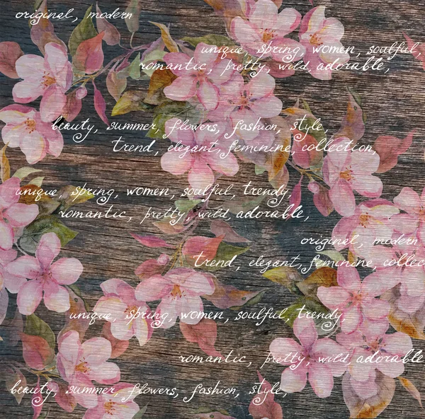 Motif floral vintage fleurs, texture bois, lettres manuscrites . — Photo