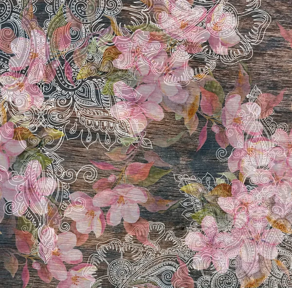 Padrão floral flores cor-de-rosa, desenho étnico oriental, textura de madeira — Fotografia de Stock