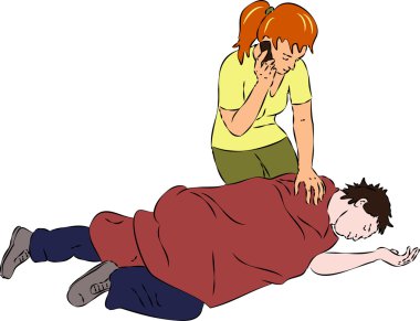 First aid - man unconscious, woman call mobile for help clipart