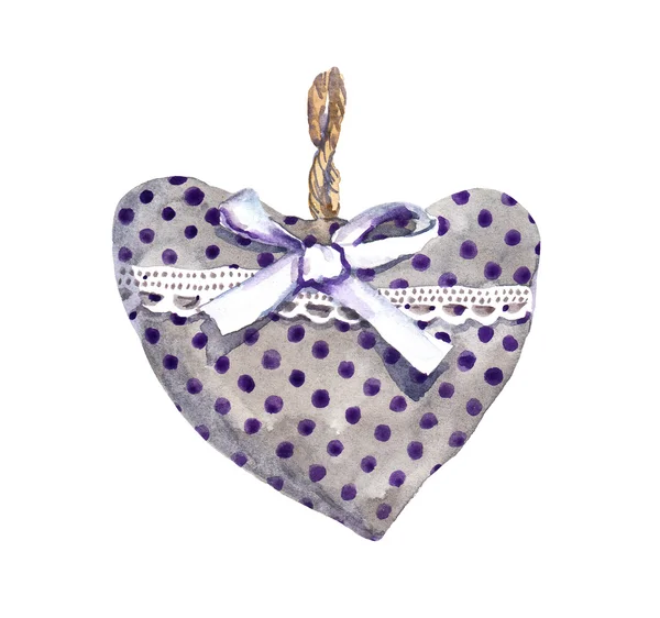 Handgemaakte textiel hart met kant, lint en boog. Aquarel — Stockfoto