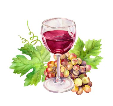Şarap kadehi ile Asma yaprakları, üzüm çilek. Suluboya