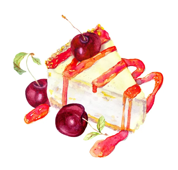 Käsekuchen mit Kirsche und Marmelade. Aquarell — Stockfoto