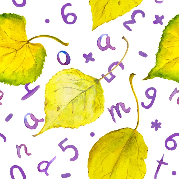 Fundo de outono sem costura com folhas amarelas e números — Fotografia de Stock