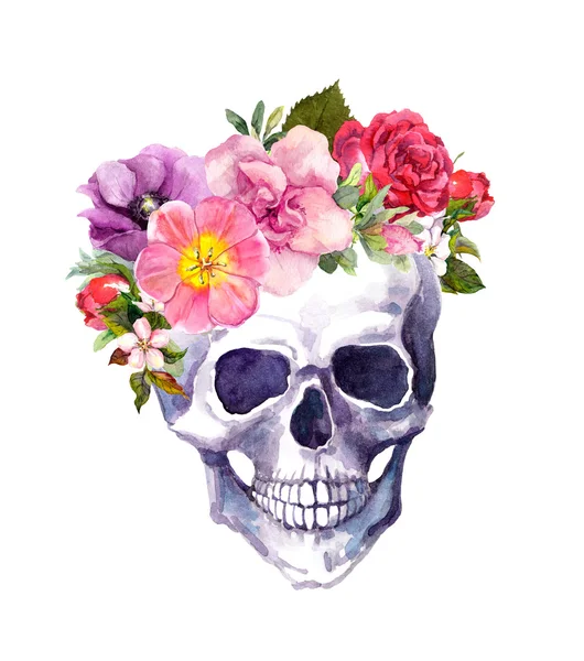 人类的头颅骨-波西米亚风格的花朵。水彩 — 图库照片