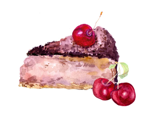 Čokoládový dort s Višňová. Akvarel — Stock fotografie