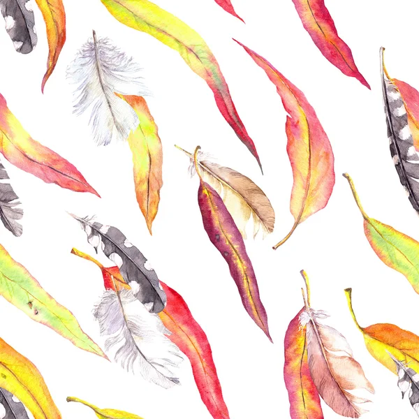Renkli yaprakları, tüyler. Dikişsiz sonbahar desen. Suluboya - vintage tarzı — Stok fotoğraf