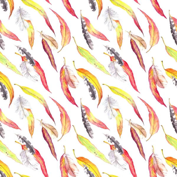 Colored leaves, feathers. Seamless autumn pattern. Watercolor - vintage style — Stock Photo, Image