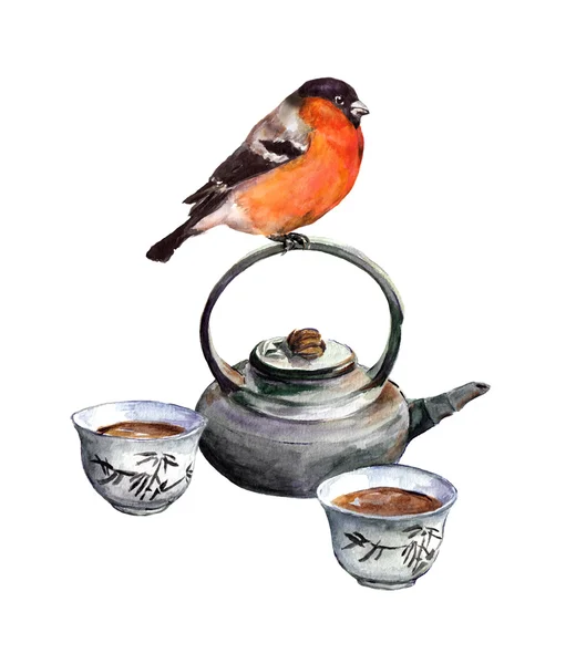 Şakrak kuşu kuş ve çay seti. Suluboya — Stok fotoğraf