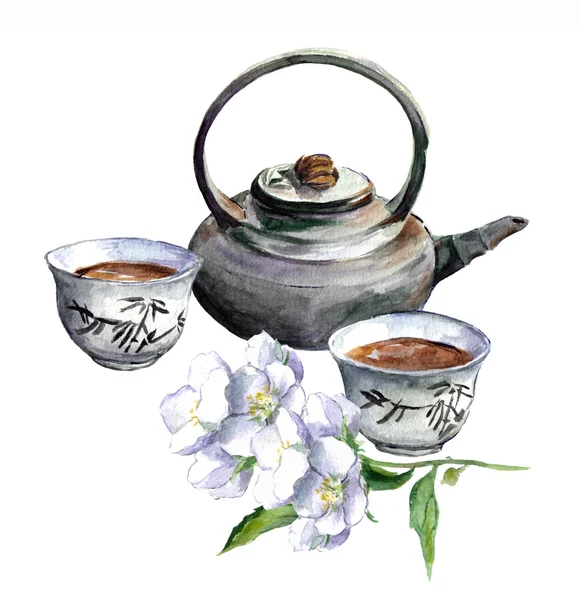 Théière traditionnelle asiatique avec tasses et jasmin. Aquarelle — Photo