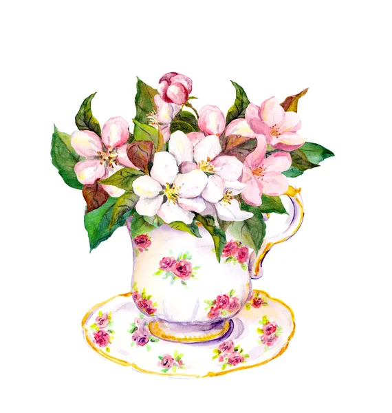 Tea cup with blossom pink flowers cherry, apple, sakura. Watercolor — Stock Photo, Image