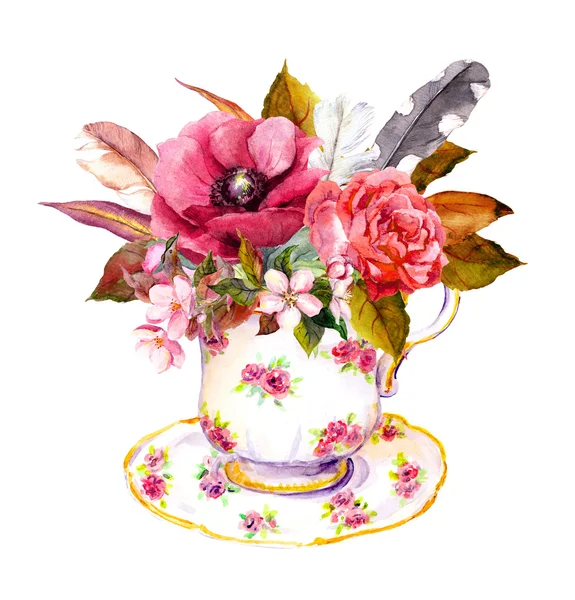 Tazza da tè con fiori di rosa, piume vintage. Acquerello per il tè — Foto Stock