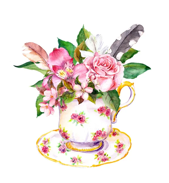 Tazza da tè - foglie, fiori di rosa, piume d'annata. Acquerello — Foto Stock