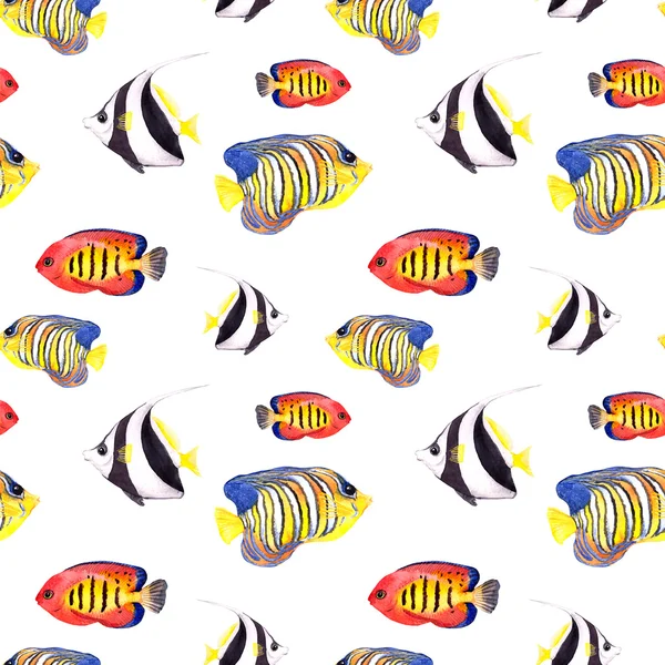 Tropiska fiskar. Upprepande seamless mönster. Akvarell — Stockfoto