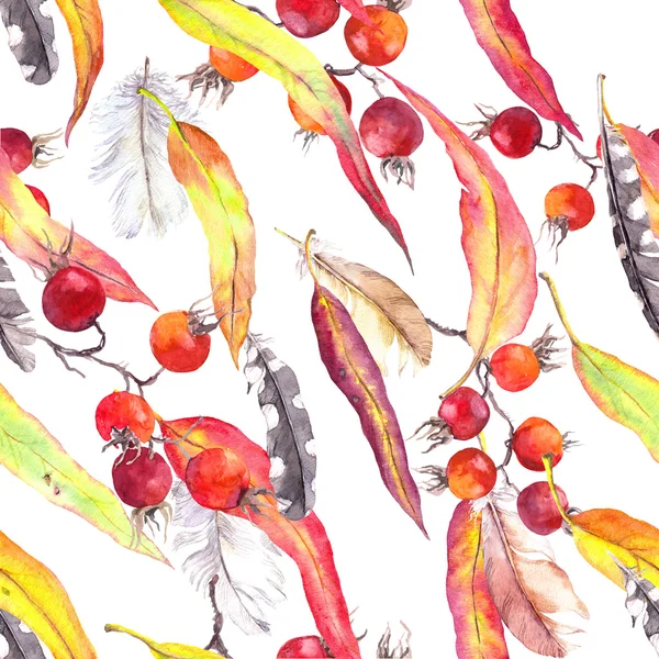 Листья, перья, ягоды. Бесшовный рисунок бохо. Винтажная акварель — стоковое фото