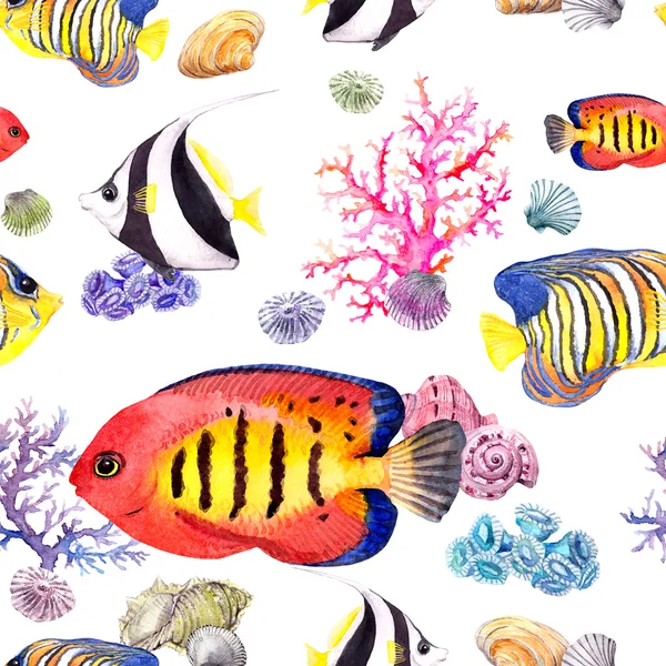 Fisk. koraller, snäckskal. Upprepande seamless mönster. Akvarell — Stockfoto