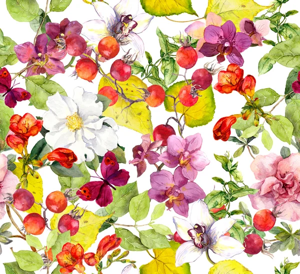 Herbst nahtlose Muster. gelbe Blätter, Blüten. Floraler Aquarell-Hintergrund — Stockfoto