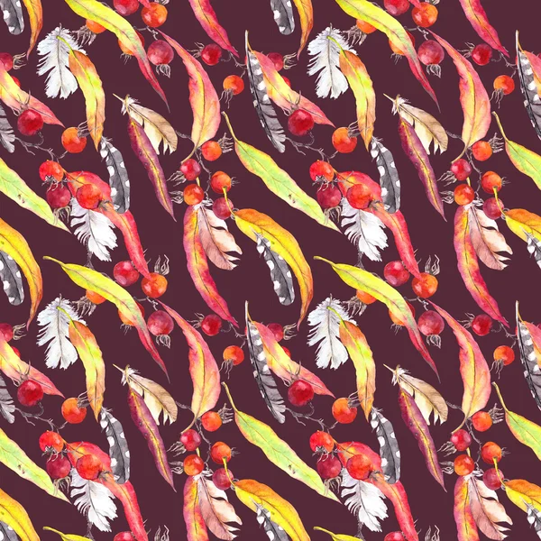 Leaves, feathers, berries. Seamless vintage boho pattern. Watercolor — Stock Photo, Image