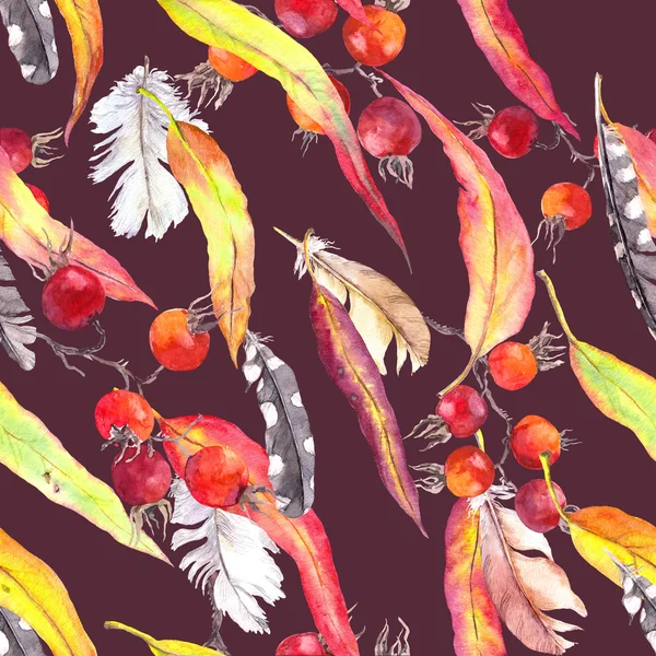 Листя, пір'я, ягоди. Безшовний візерунок хіпі. Акварель — стокове фото