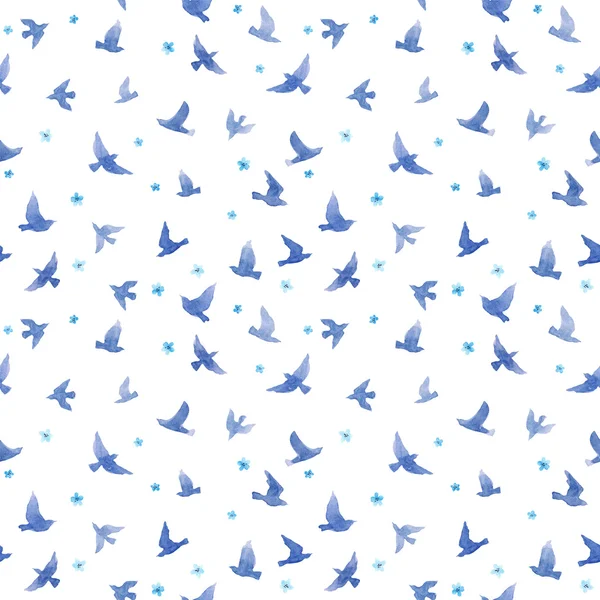 Cute birds, small flowers. Seamless pattern. Watercolor — Stock Photo, Image
