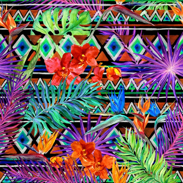 Tropical exotic leaves, orchid flowers, neon light. Seamless pattern. Watercolor — Stock Photo, Image