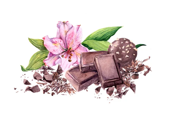 Čokoláda blok, čokoládové bonbóny a květin. Akvarel — Stock fotografie