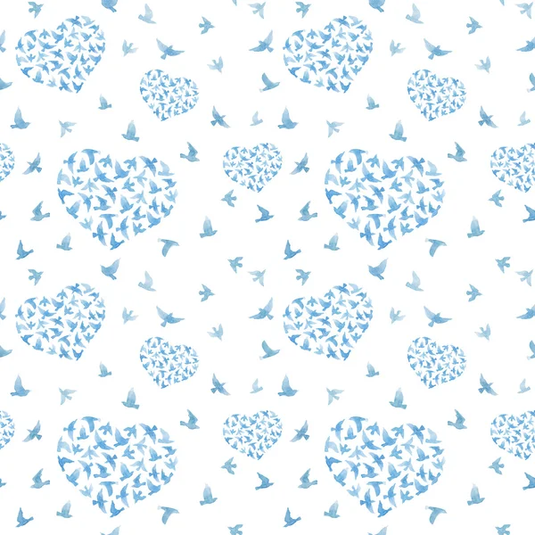 Heart with birds. Ditsy seamless pattern. Watercolor — Stock Photo, Image
