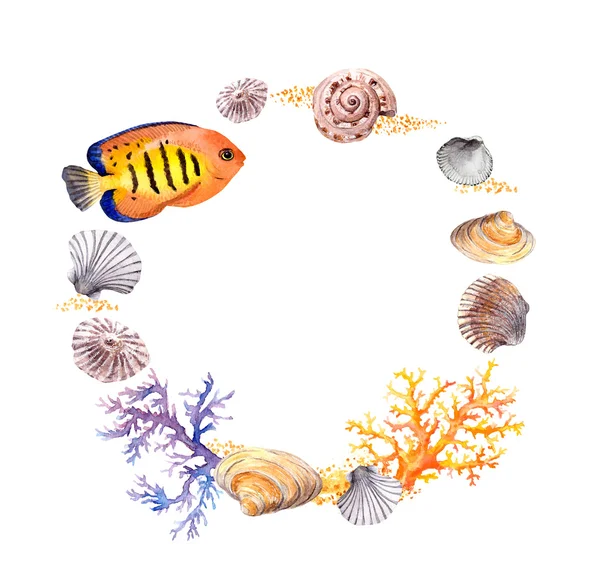 Sea shell, coral, sand. Summer beach wreath border. Watercolor — Stock Photo, Image