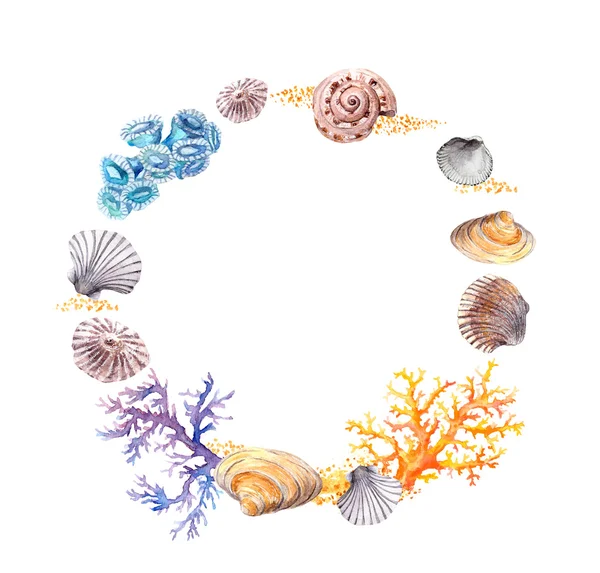 Sea shell, coral, sand. Summer beach wreath border. Watercolor — Stock Photo, Image