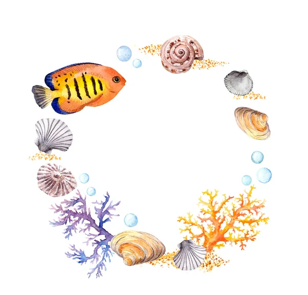 Sea shell, coral, sand. Summer beach wreath border. Watercolor — Stock Photo, Image