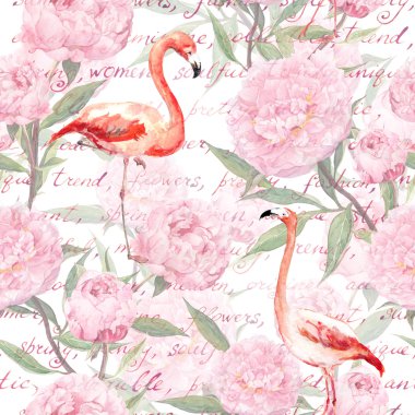 Pembe flamingo, şakayık çiçekleri, el yazısı metin. Kusursuz desen. Suluboya