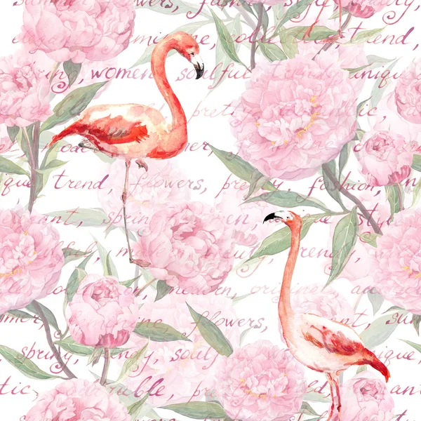 Rosafarbener Flamingo, Pfingstrosenblüten, handgeschriebener Text. nahtloses Muster. Aquarell — Stockfoto