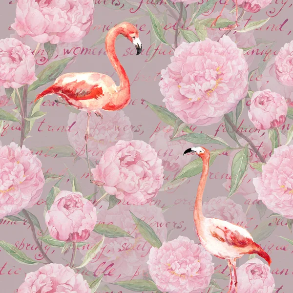 Розовый фламинго, пионерские цветы, рукописный текст. Бесшовный шаблон. Акварель — стоковое фото