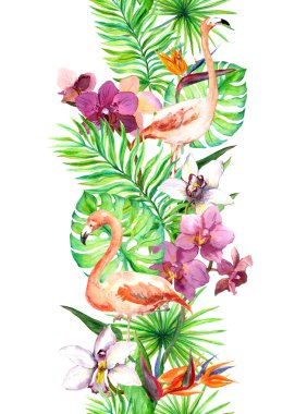 Tropikal yapraklar, flamingo kuşu, orkide çiçekleri. Kesintisiz kenarlık. Suluboya çerçevesi