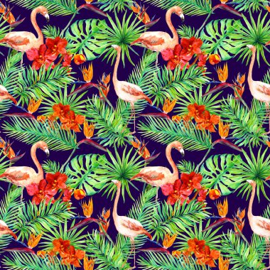 Tropikal tasarım: egzotik yaprakları, flamingolar, orkide çiçekleri. Kusursuz desen. Suluboya