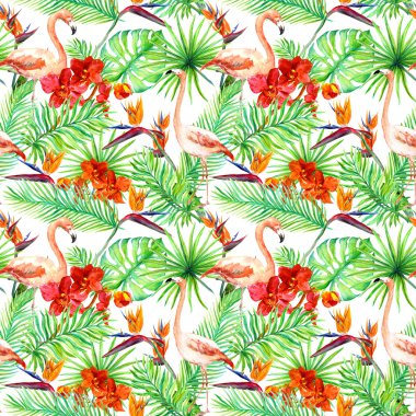 Flamingo, tropik yapraklar ve egzotik çiçekler. Kusursuz orman arka planı. Suluboya