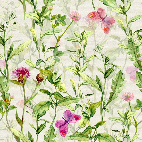 Herbe des prés, herbe, fleurs aux papillons. Aquarelle motif répétitif — Photo
