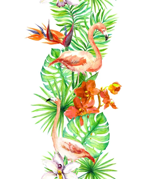 Tropical leaves, flamingo bird, orchid flowers. Seamless border. Watercolor frame — Stock Photo, Image