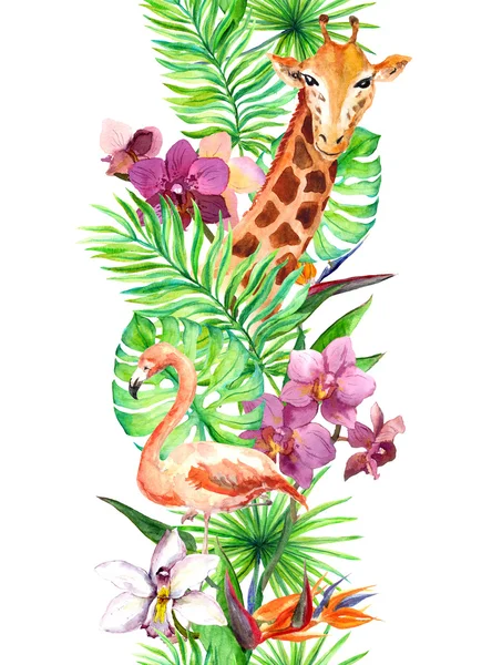 Hojas tropicales, pájaro flamenco, jirafa, flores de orquídea. Frontera sin fisuras. Acuarela —  Fotos de Stock
