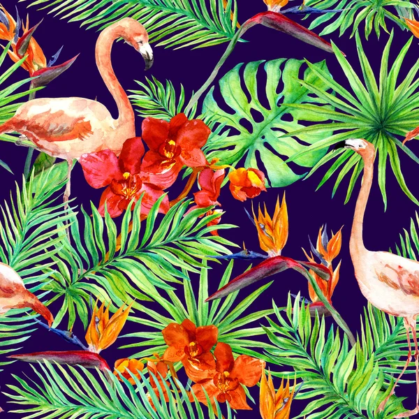 Tropisches Design: exotische Blätter, Flamingos, Orchideenblüten. nahtloses Muster. Aquarell — Stockfoto