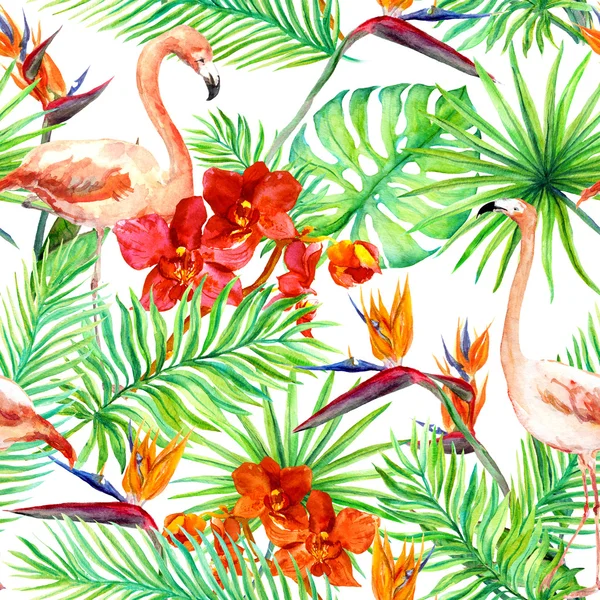 Flamingo, tropische bladeren en exotische bloemen. Naadloze jungle patroon. Aquarel — Stockfoto