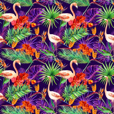 Tropikal egzotik bırakır, orkide çiçekler, neon ışık. Seamless modeli. Suluboya