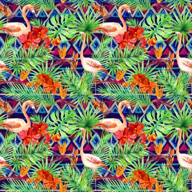 Kabile desen, tropikal yaprak, flamingo kuşları. Etnik köken tekrarladı. Suluboya